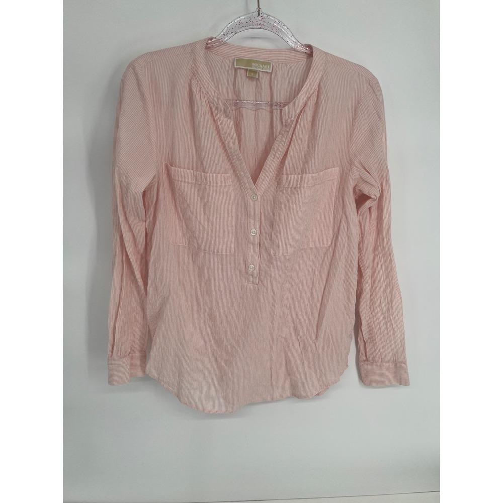 Michael Michael Kors Pink Seersucker Stripe Long Sleeve Henley Blouse Small